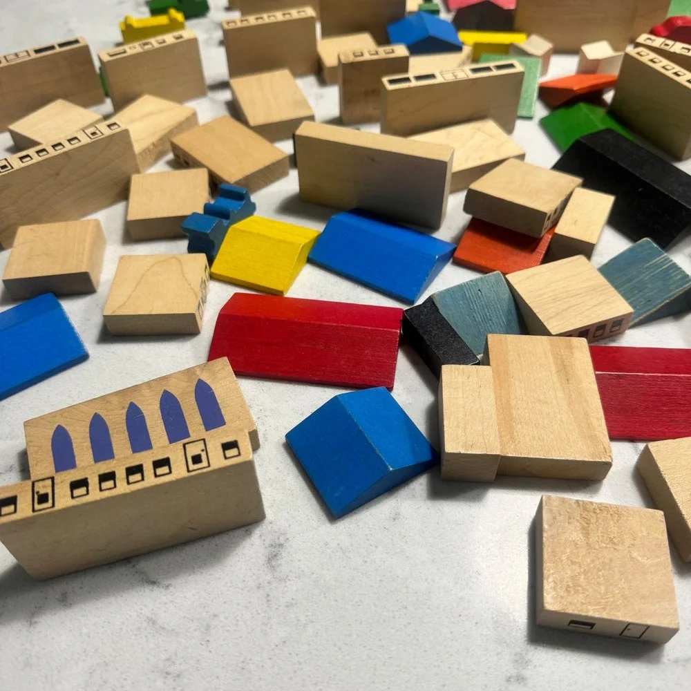 85 piece Vintage PLAYSKOOL VILLAGE Wood Building Blocks And Vehicles Montessori